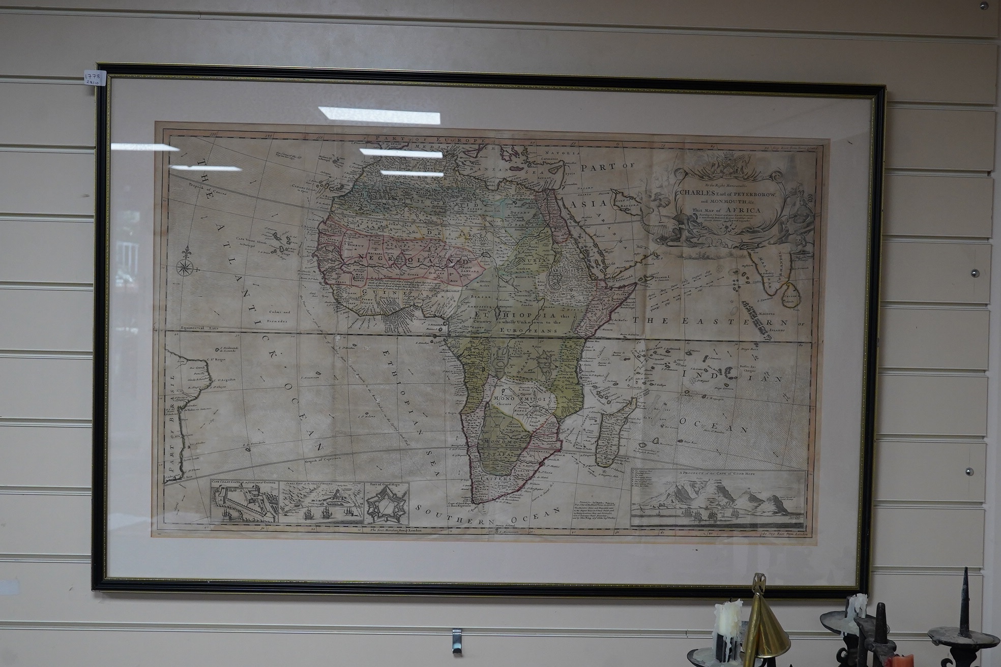 Hermann Moll (1654-1732) engraved map of Africa, Charles Earl of Peterborow and Monmouth, 60 x 98cm. Condition - poor/fair